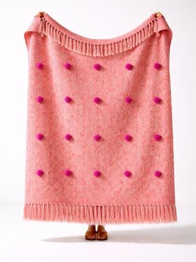 Anthropologie Polka Dot Pom Pom Throw Blanket 60x70 Cozy